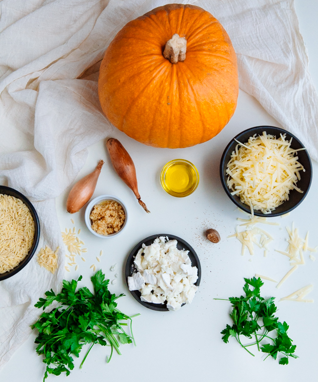 Goat cheese, gruyère & orzo stuffed pumpkin