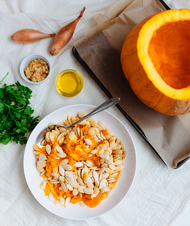 Goat cheese, gruyère & orzo stuffed pumpkin