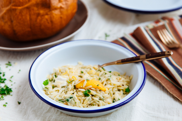 Goat cheese, gruyère & orzo stuffed pumpkin