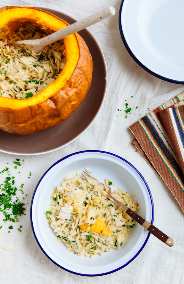 Goat cheese, gruyère & orzo stuffed pumpkin