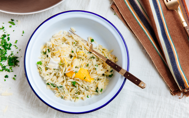 Goat cheese, gruyère & orzo stuffed pumpkin