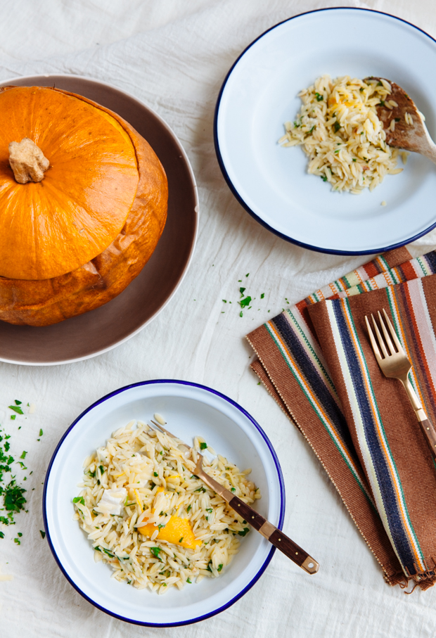 Goat cheese, gruyère & orzo stuffed pumpkin