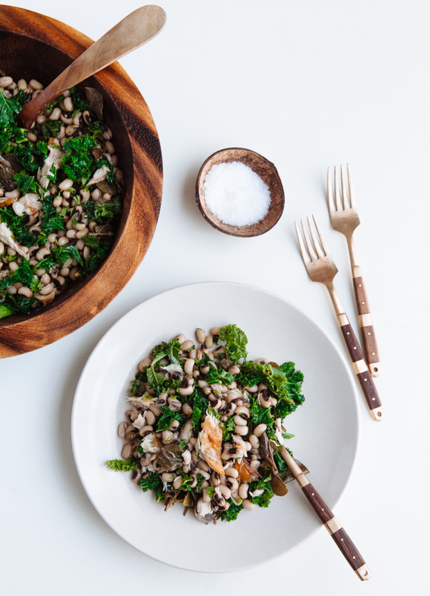 Black eyed beans, smoked mackerel & caper leaves