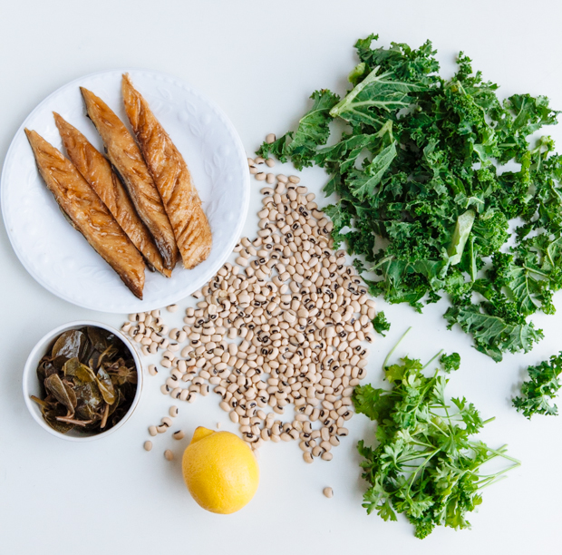 Black eyed beans, smoked mackerel & caper leaves