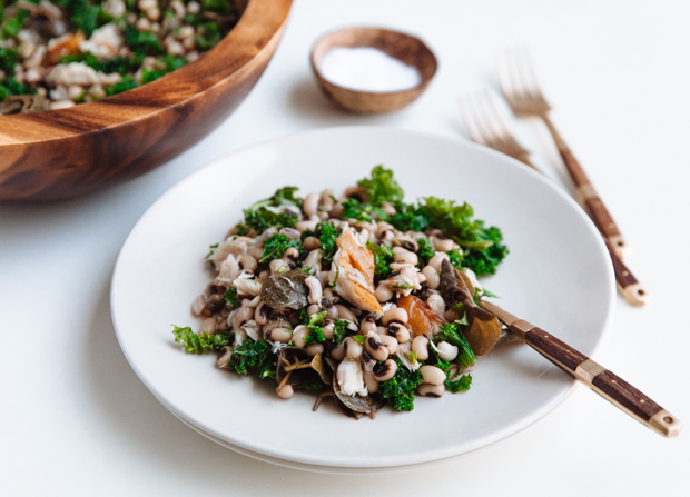 Black eyed beans, smoked mackerel & caper leaves