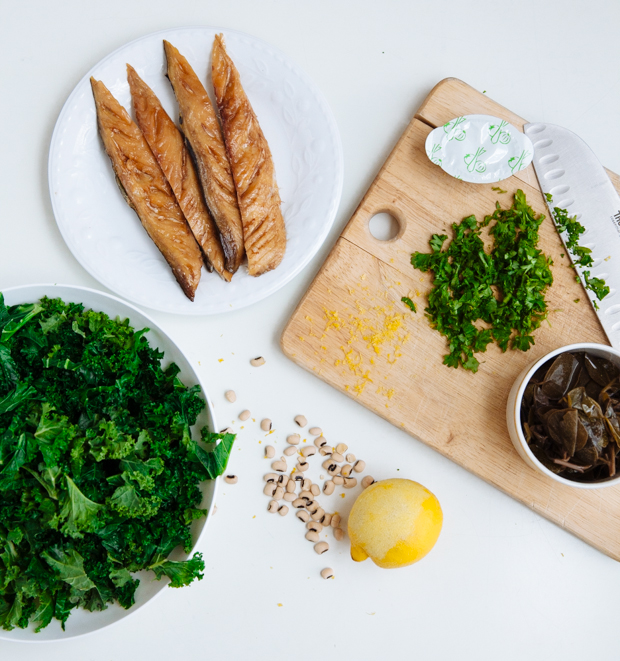 Black eyed beans, smoked mackerel & caper leaves