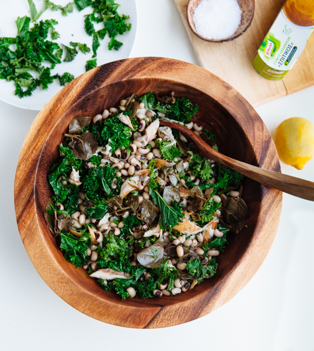 Black eyed beans, smoked mackerel & caper leaves