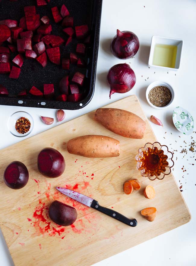 Cumin maple syrup roasted beet & sweet potato soup