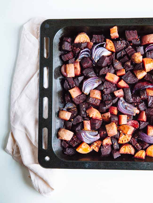 Cumin maple syrup roasted beet & sweet potato soup