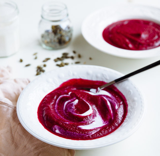 Cumin maple syrup roasted beet & sweet potato soup