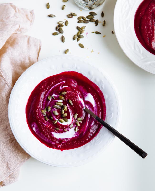 Cumin maple syrup roasted beet & sweet potato soup