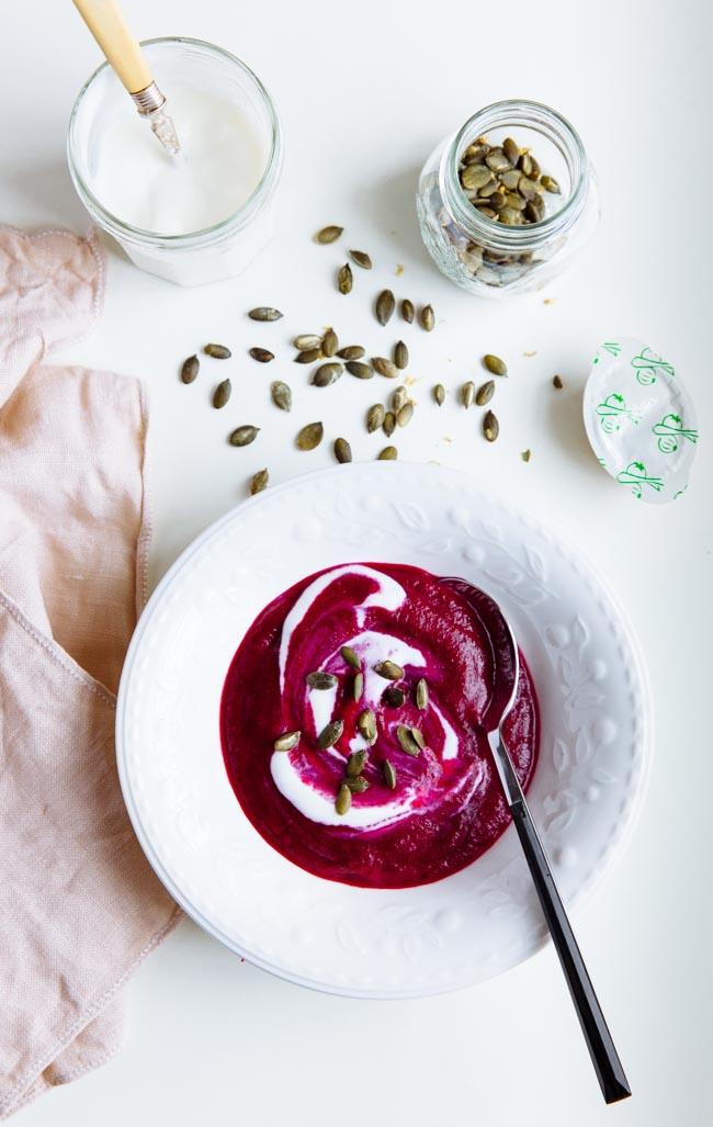 Cumin maple syrup roasted beet & sweet potato soup