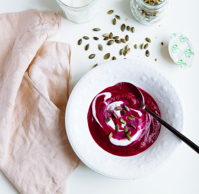 Cumin maple syrup roasted beet & sweet potato soup