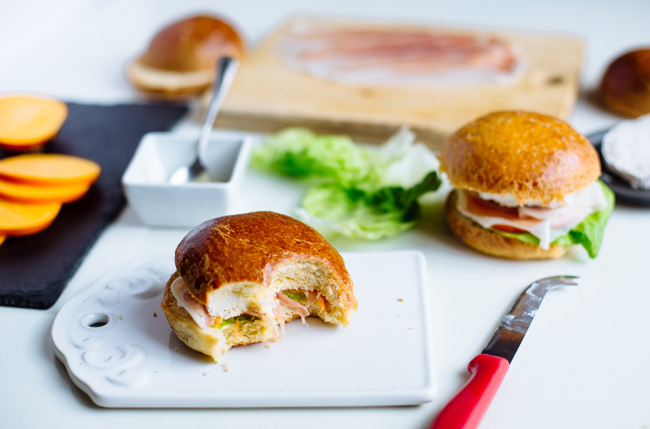 Persimmon, parma ham & goat cheese sandwich