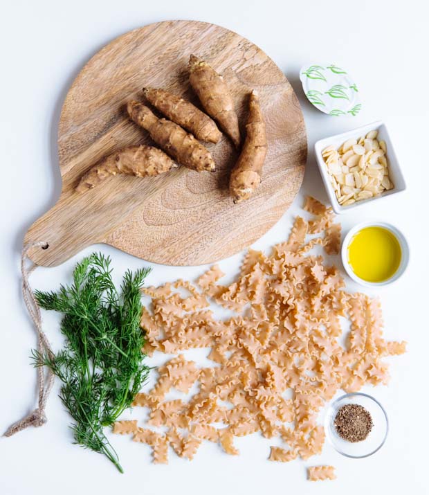 Creamy sunchoke, almond & dill pasta