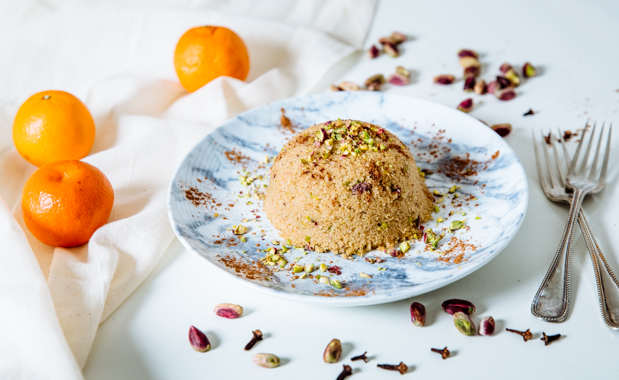 Orange & tangerine Greek semolina cake with pistachios & honey