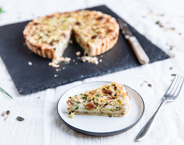 Leek, cherry & goat cheese tart