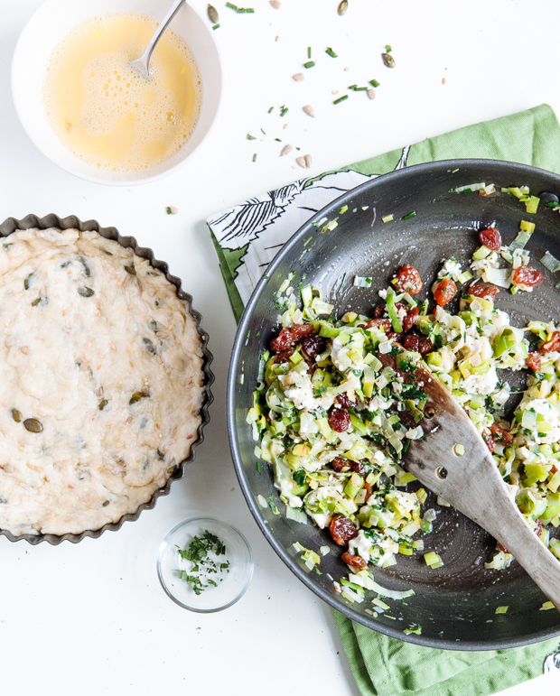 Leek, cherry & goat cheese tart