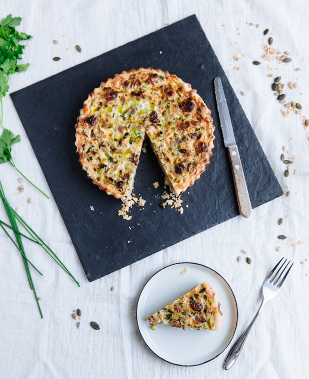 Leek, cherry & goat cheese tart