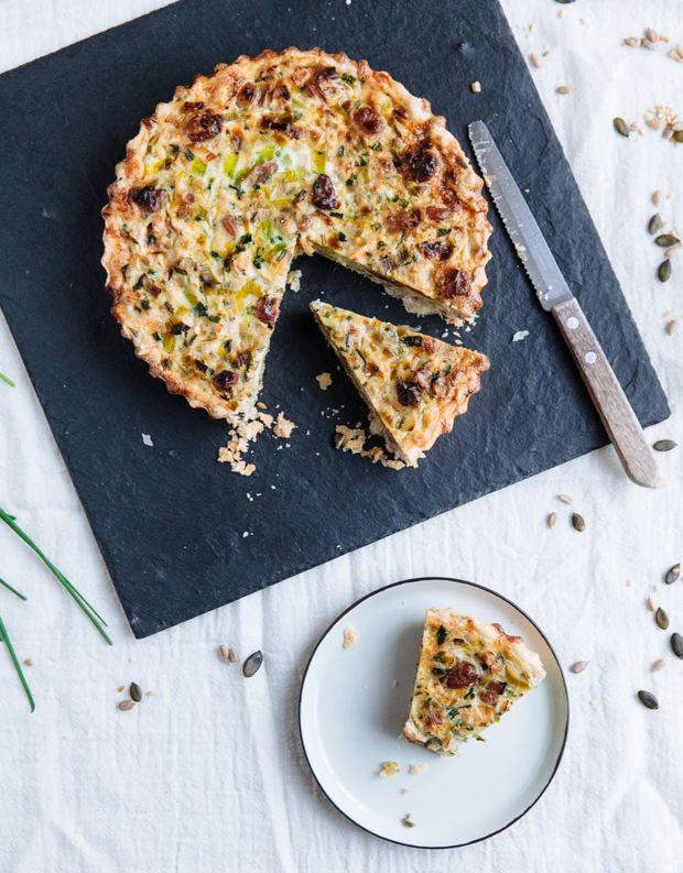 Leek, cherry & goat cheese tart