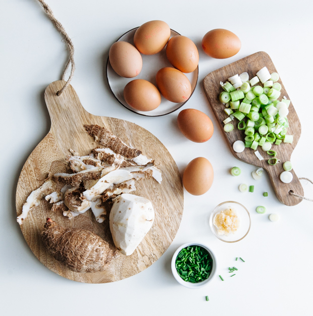 Porcini, eddoe & chive frittata