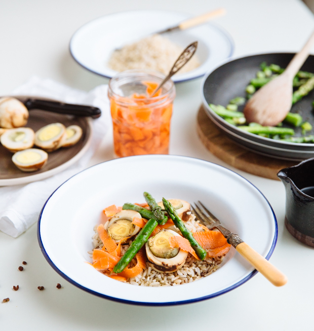 Marbled egg, pickled carrot & asparagus rice salad