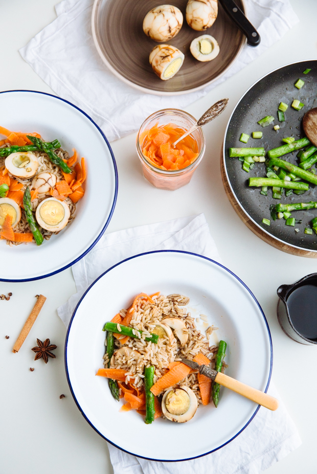 Marbled egg, pickled carrot & asparagus rice salad