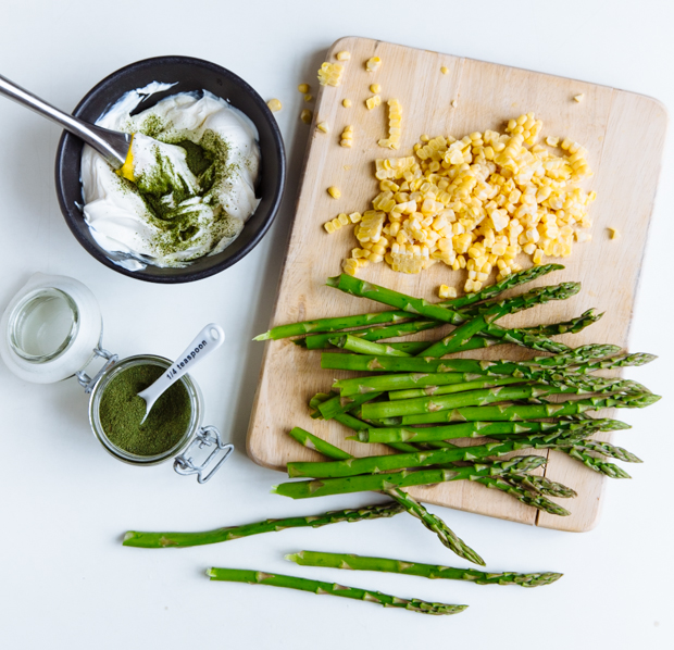 Asparagus, wild garlic & corn cream cheese tartlets