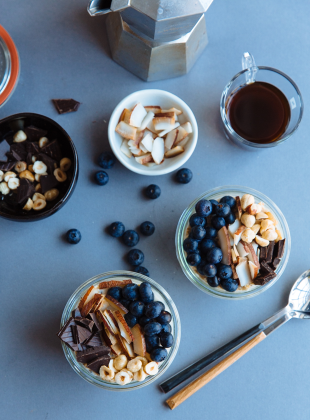 Coconut, dark chocolate & hazelnut blueberry overnight oats