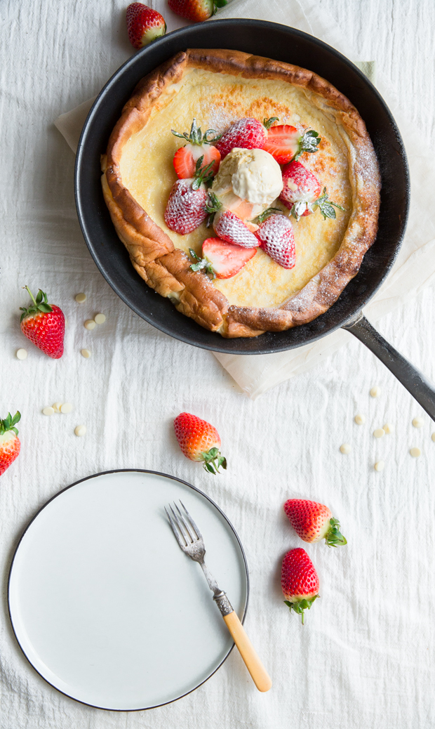 White chocolate & strawberry Dutch baby