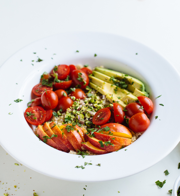 Avocado, nectarine & pistachio quinoa salad