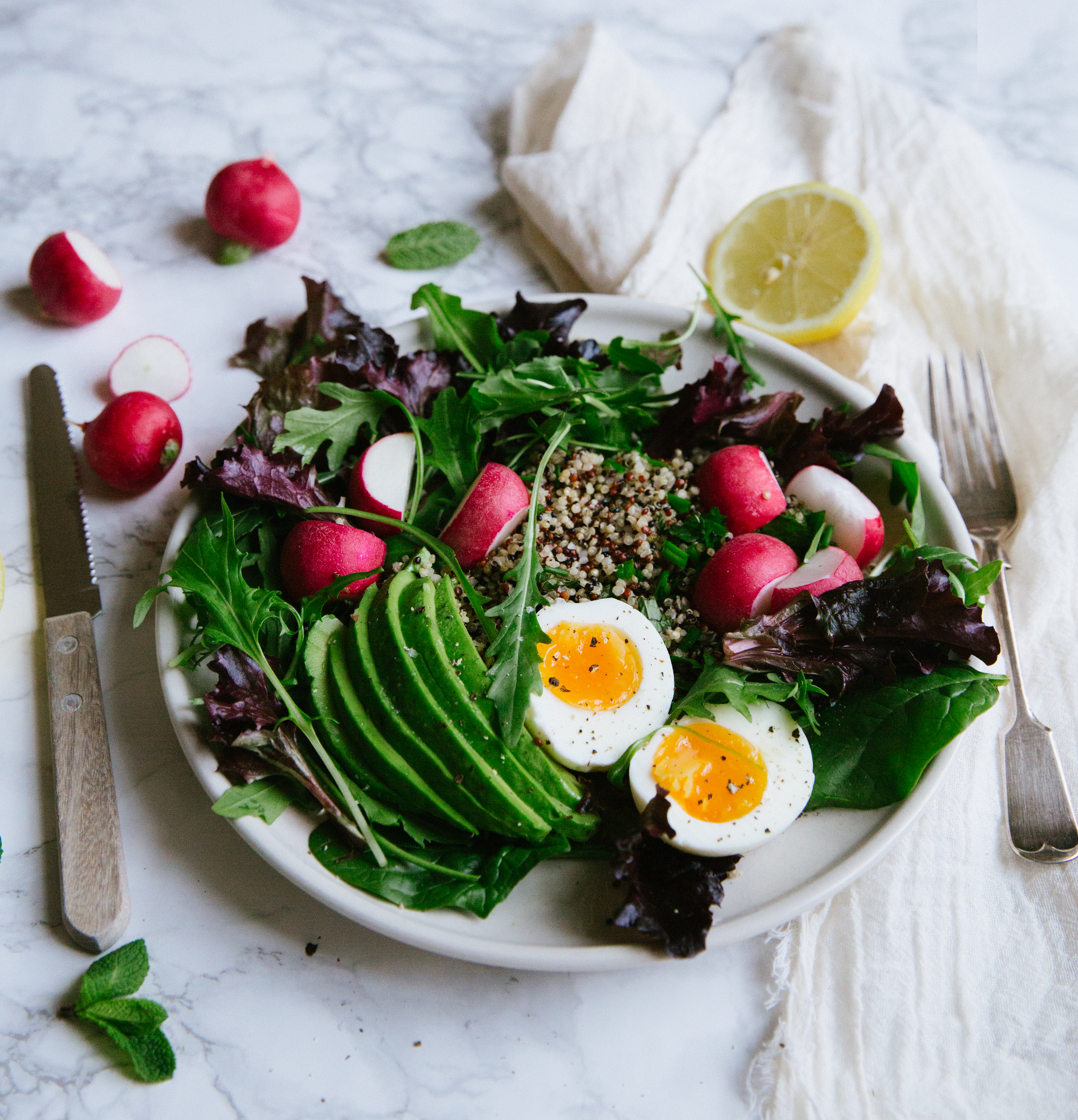 Quinoa, fresh greens, radishes, avocado & 6min egg