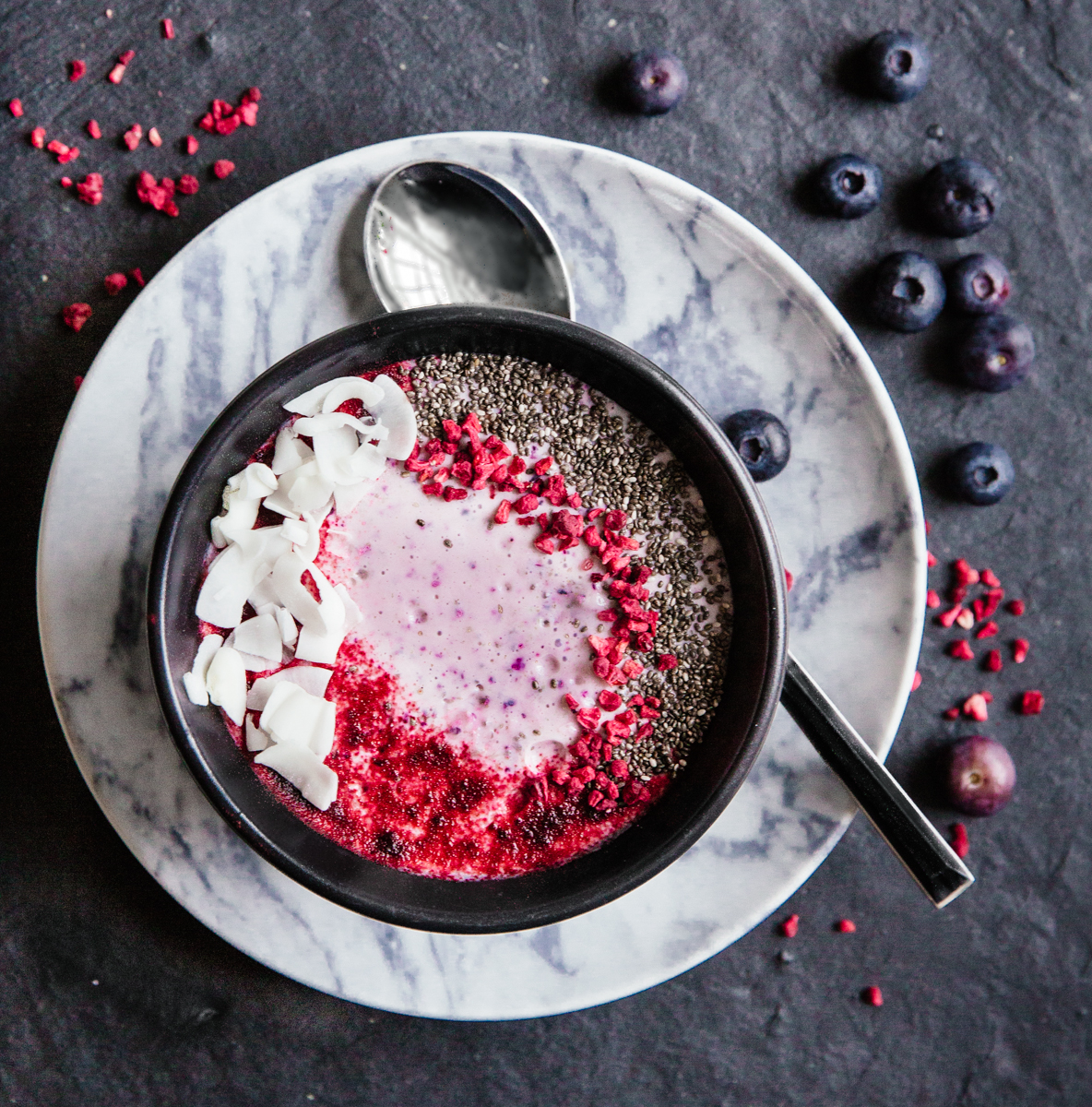 Blueberry, chia, coconut & beet smoothie bowl