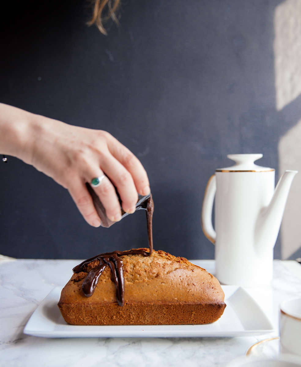 Espresso loaf with cinnamon dark chocolate ganache