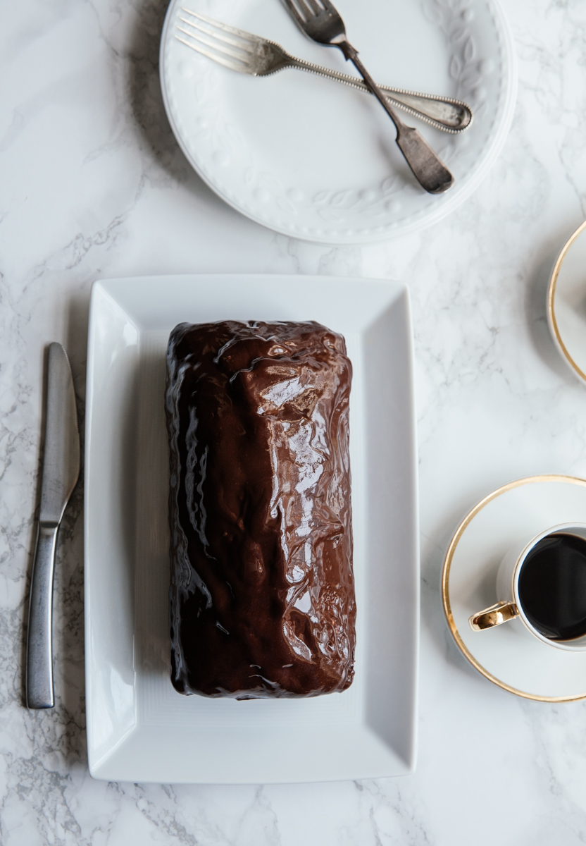 Espresso loaf with cinnamon dark chocolate ganache