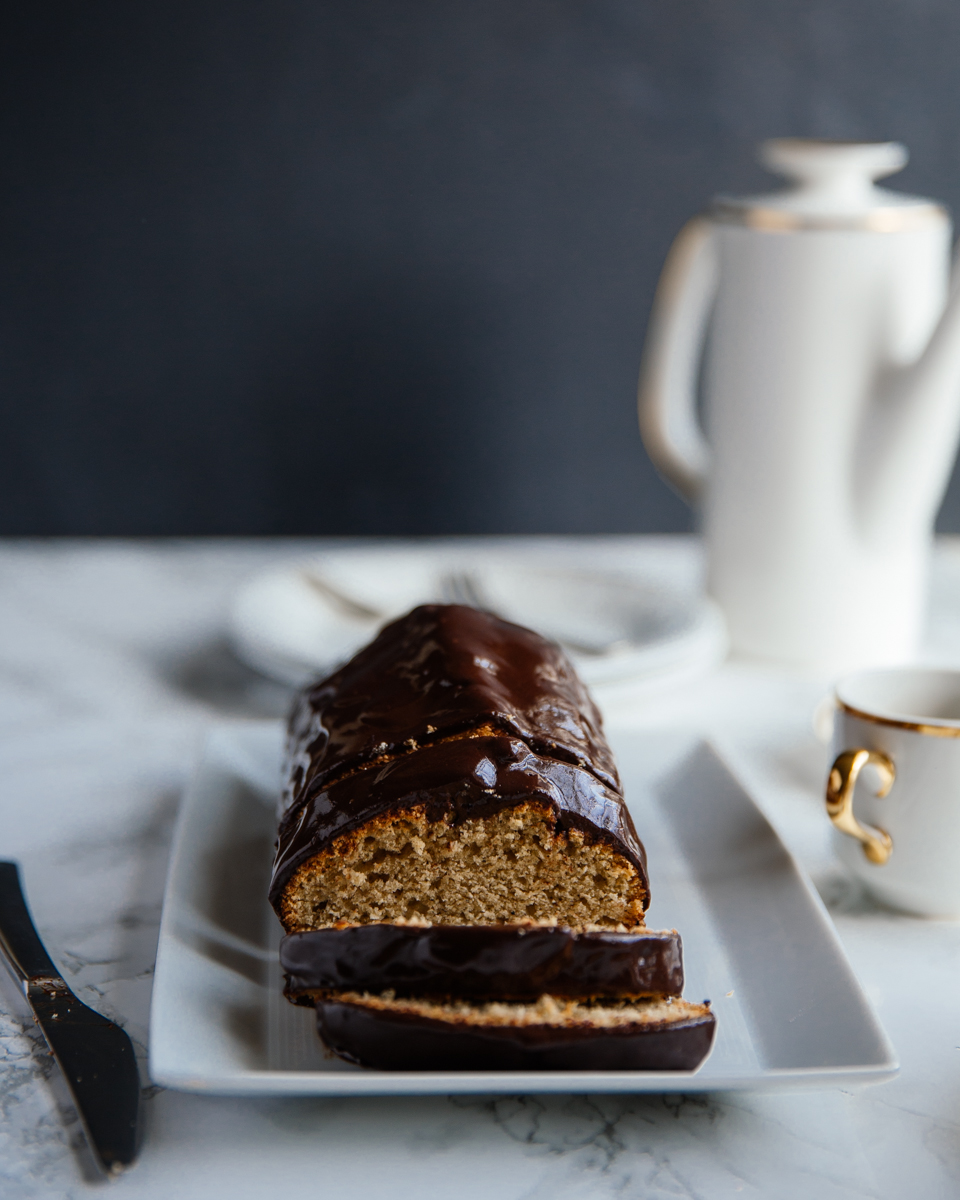 Espresso loaf with cinnamon dark chocolate ganache