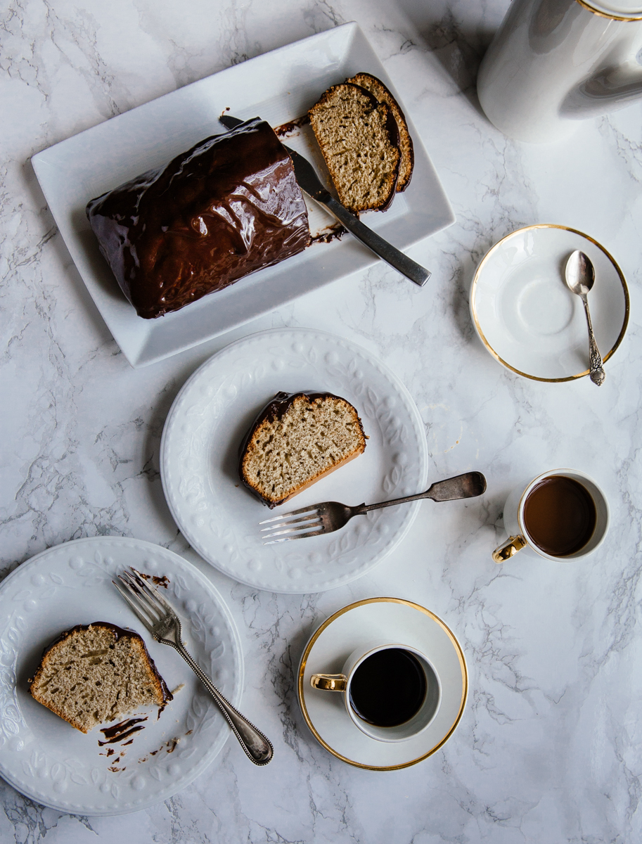 Espresso loaf with cinnamon dark chocolate ganache