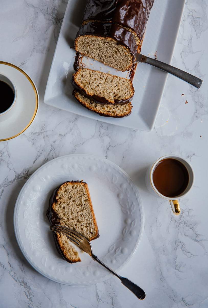 Espresso loaf with cinnamon dark chocolate ganache