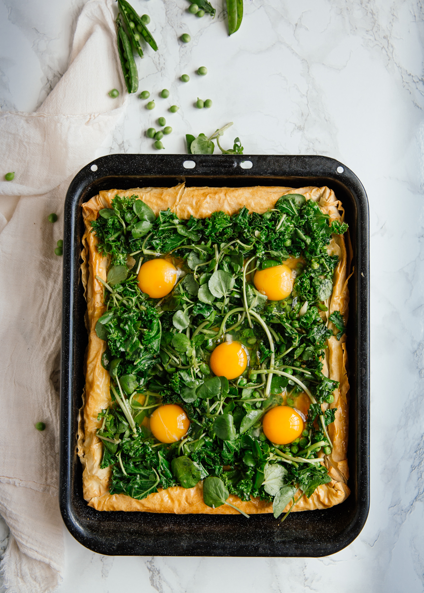 Fresh pea, watercress & egg tart