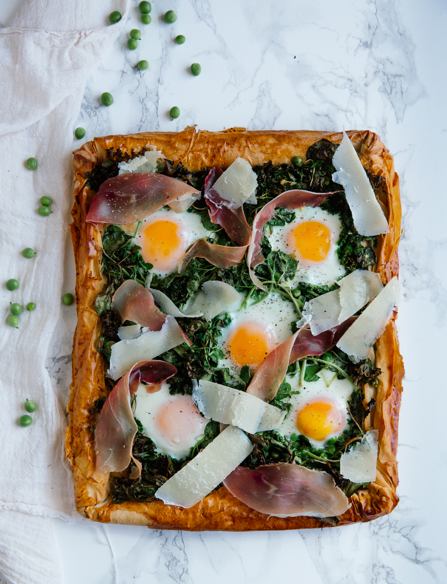 Fresh pea, watercress & egg tart