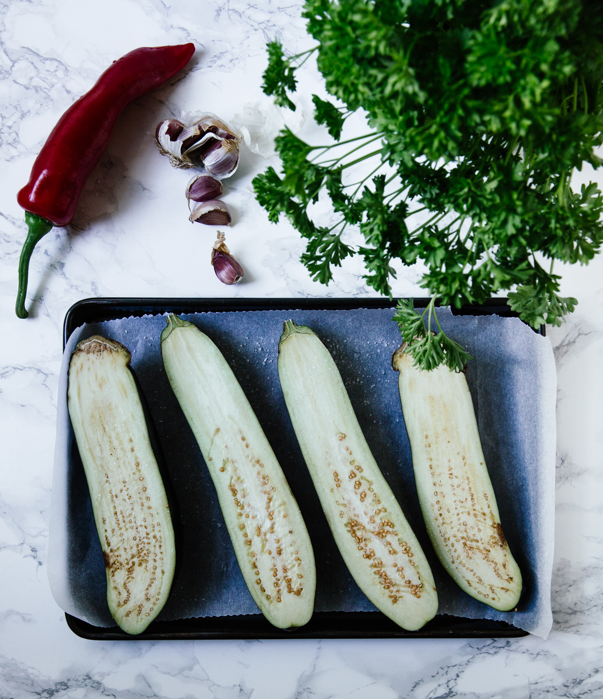 Roasted aubergine & smoked mackerel crostini