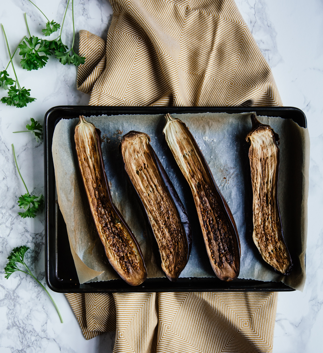 Roasted aubergine & smoked mackerel crostini