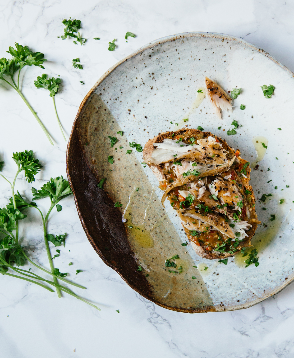 Roasted aubergine & smoked mackerel crostini