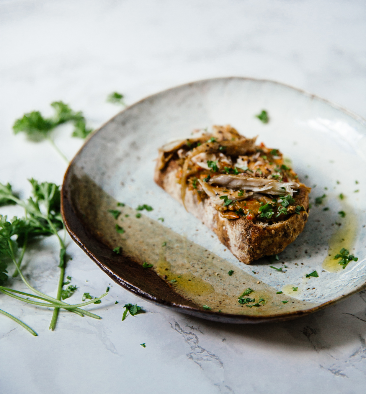 Roasted aubergine & smoked mackerel crostini