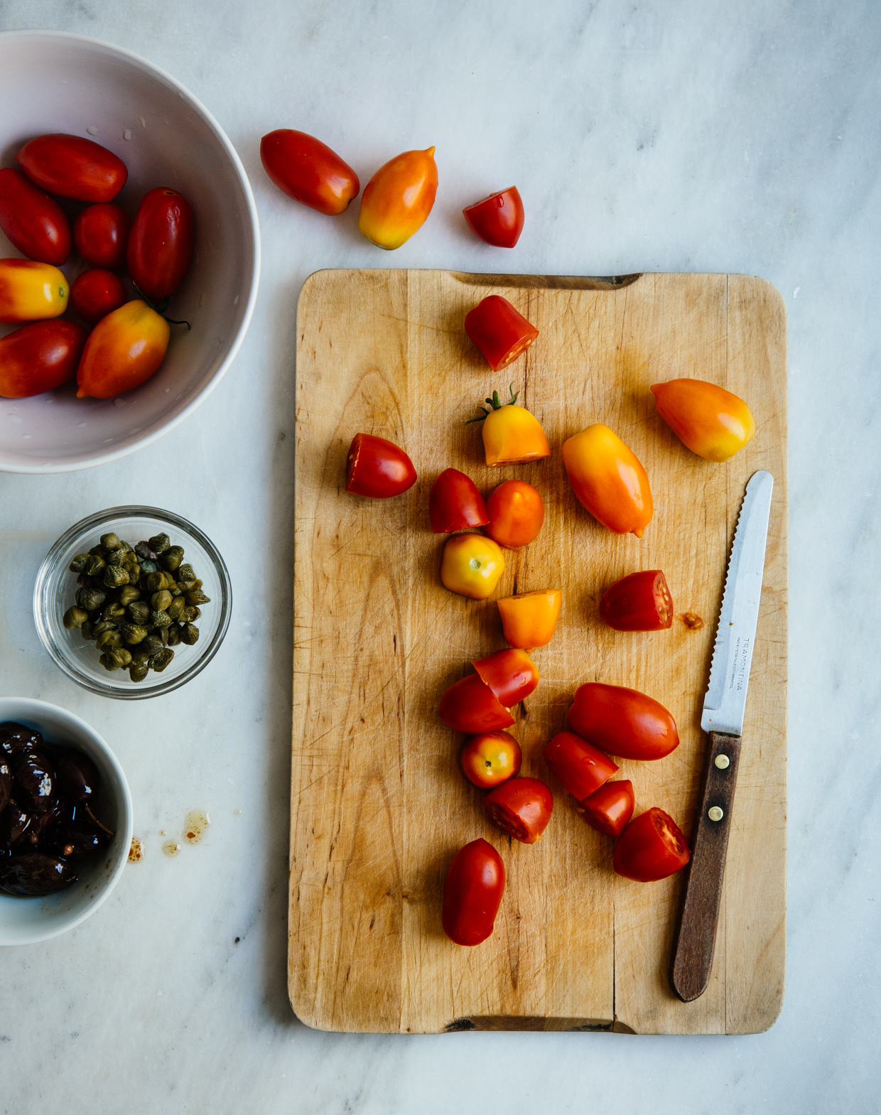 Cherry tomato, sardine & olive pasta