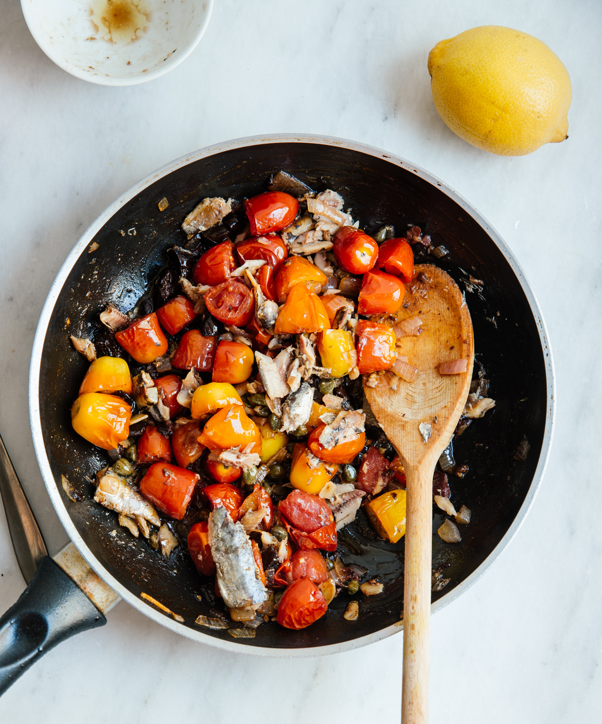 Cherry tomato, sardine & olive pasta