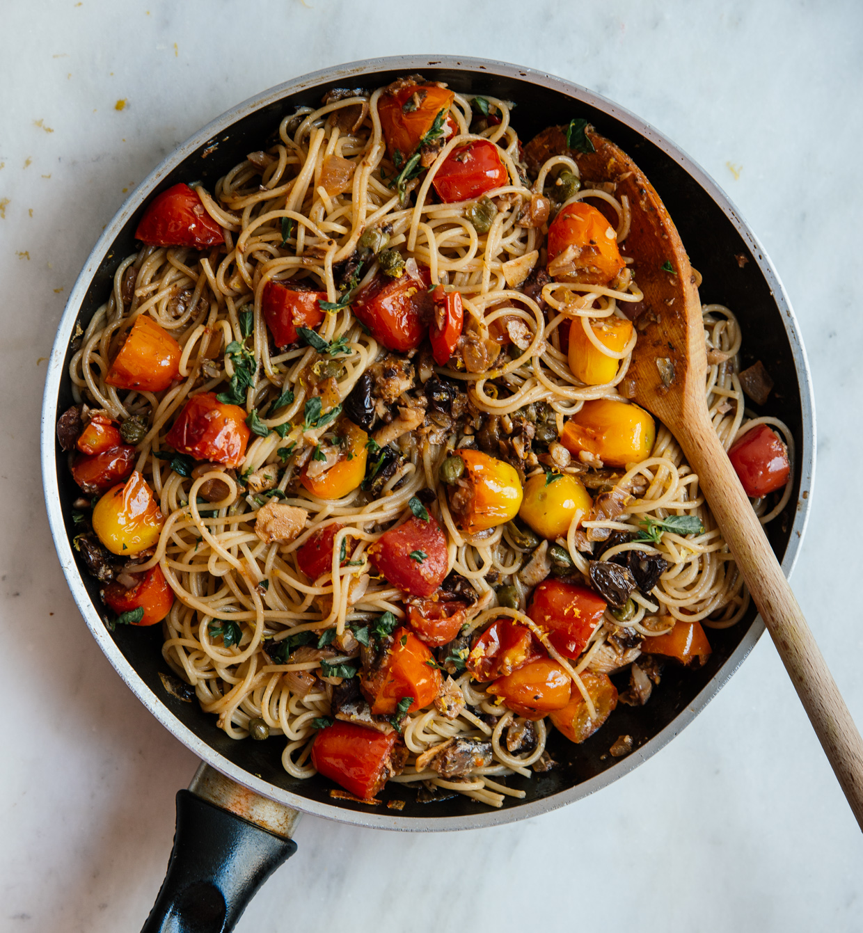 Cherry tomato, sardine & olive pasta