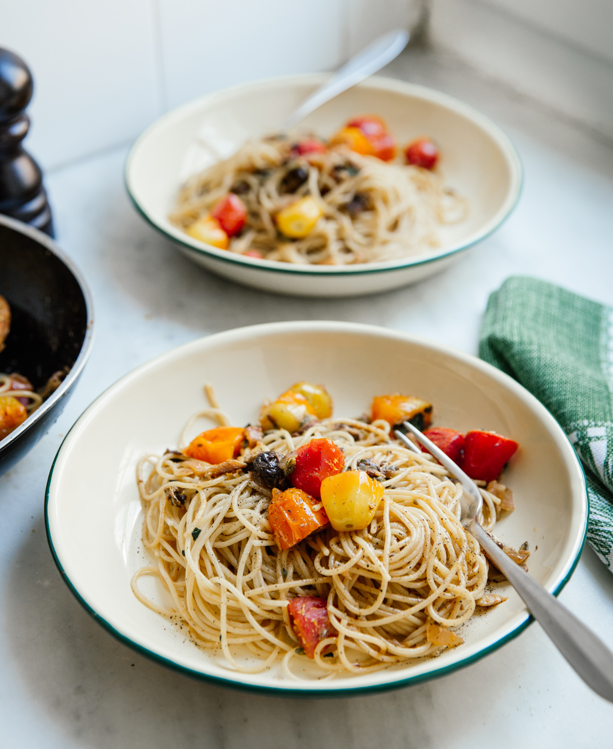 Cherry tomato, sardine & olive pasta