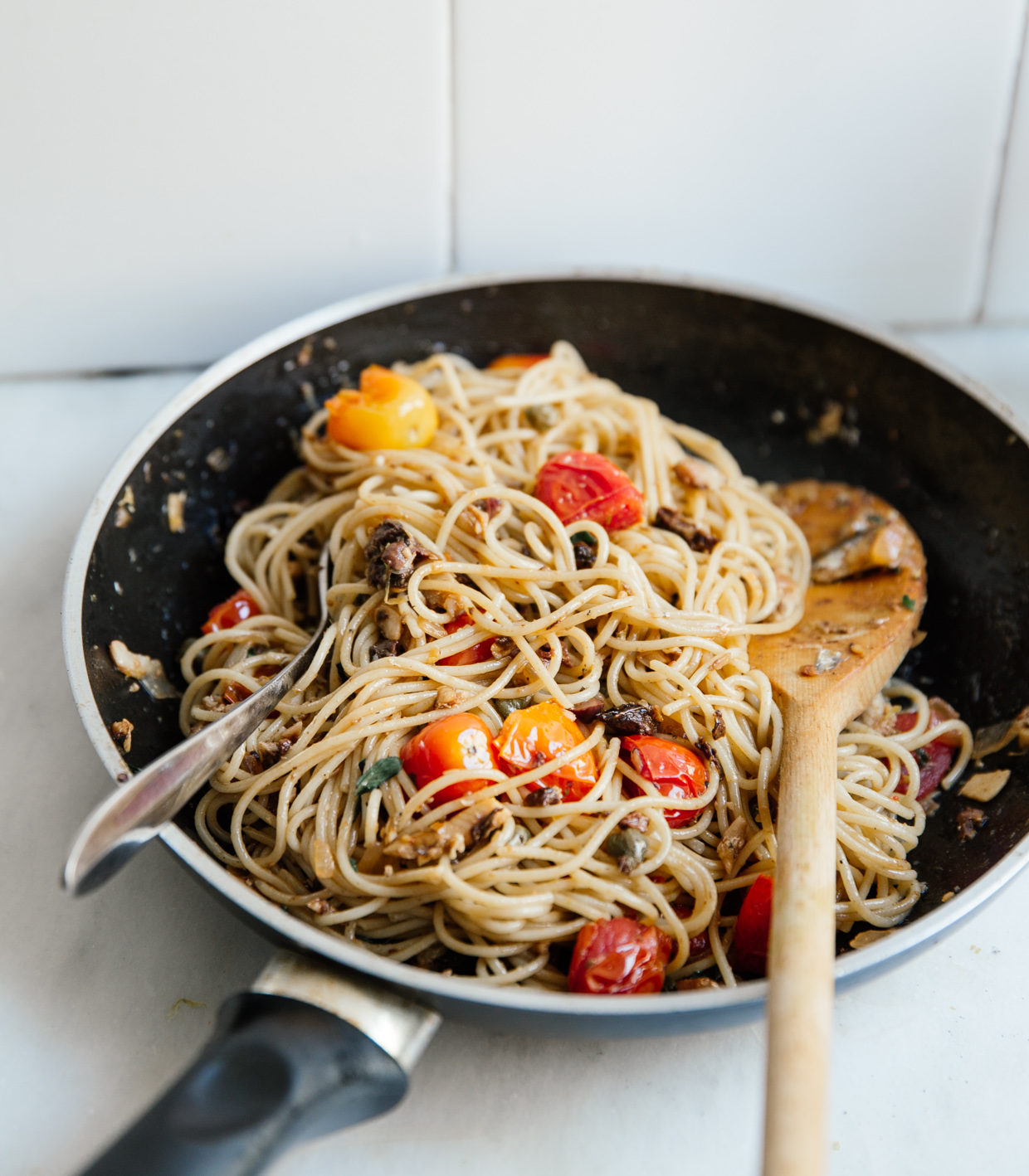 Cherry tomato, sardine & olive pasta