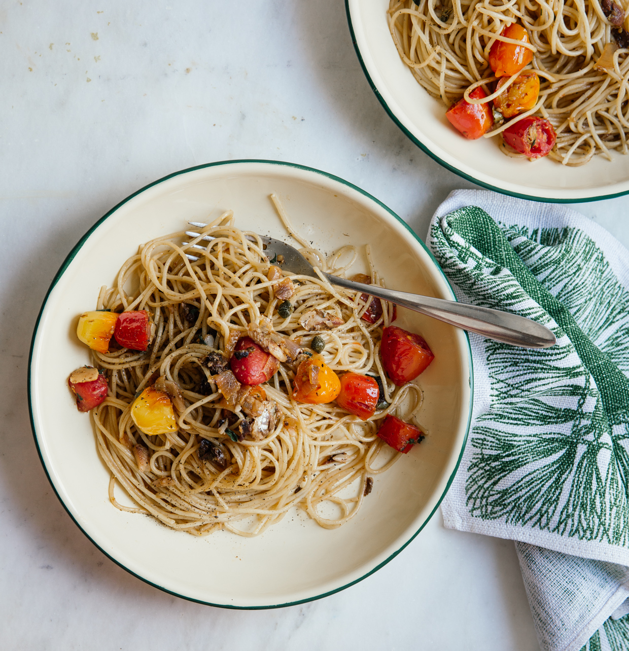 Cherry tomato, sardine & olive pasta